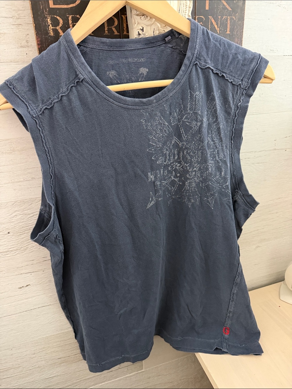 2007 Guess Men's Washed Blue Graphic Tank Top 100% Cotton